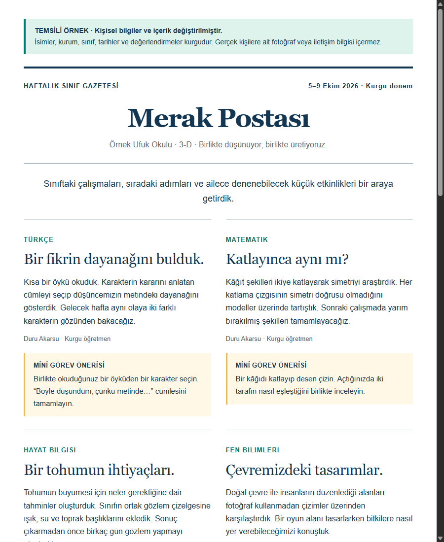 Merak Postası bülteninde ders özetleri ve mini görevler.